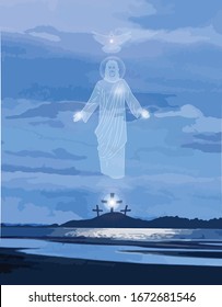  Jesús Resurrección, figura transparente y paloma en cielo azul lleno de nubes.  El fondo es tres cruces en una colina por agua con luz de luna brillando sobre ellos.   