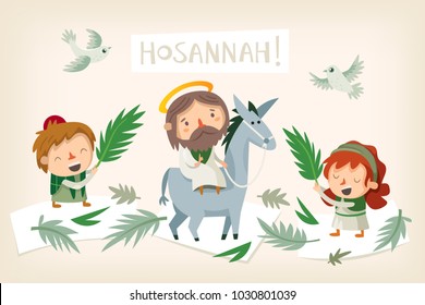 Jesus riding a donkey entering Jerusalem. People greeting him with palm branches and shouting Hosannah. Biblical easter story illustration. Vector.