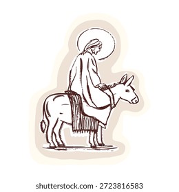 Jesus riding donkey into Jerusalem . Palm sunday easter lent motif. Hand drawn vector icon in flat sticker isolated. Christian religious picture for church announcement card, social media, bible study