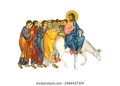 Jesus riding a donkey. Palm sunday. Illustration in Byzantine style isolated