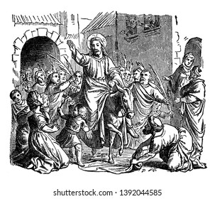 Jesus riding on colt and raising right hand, crowd of people with palm branches welcoming him and a man laying cloth on ground for colt to walk on, vintage line drawing or engraving illustration