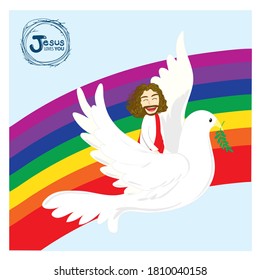 Jesus riding on the pigeon and flying to the sky that there is the rainbow in the sky is Jesus cartoon vector in Jesus love you series