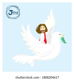 Jesus riding on the white pigeon and flying in the sky is the Jesus cartoon vector in Jesus loves you series