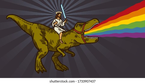 Jesus riding T-rex dinosaur holding light saber. T-rex is puking rainbow and roaring. Realistic funny isolated vector character illustration.