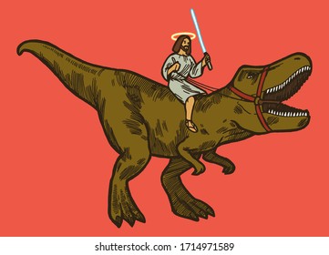 Jesus riding T-rex dinosaur with light sword