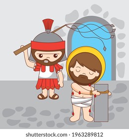 Jesus scourged by a Roman soldier. the scourging of our lord jesus christ. vector illustration