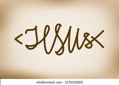 Jesus Sepia Style Calligraphic Logo Lettering as Mystic Religious Jesus Christ Symbol Fish Sign Christmas Creative Concept - Brown on Beige Background - Vector Hand Drawn Graphic Design