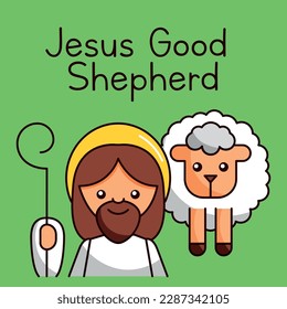 jesus with sheep cartoon over green background . vector illustration