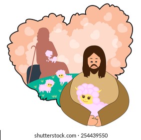 Jesus and sheep- Jesus Christ is a good Shepherd-Vector illustration