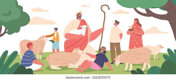 Jesus Shepherd Character Lovingly Guides A Flock Of Sheep On A Beautiful Summer Meadow, Vector Illustration