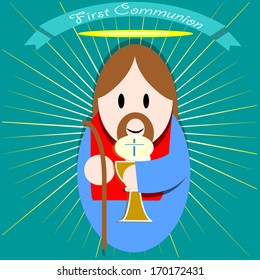 jesus smiling and happy, holding a chalice in his hand.