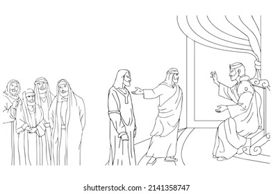 Jesus standing in front of Pilate Pontiusn, vector.