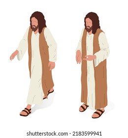 Jesus standing, front and side view. Isometric vector illustration, isolated figure.