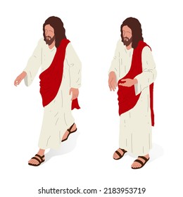 Jesus standing, front and side view. Isometric vector illustration, isolated figure.