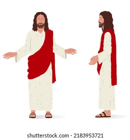 Jesus standing, front and side view. Isometric vector illustration, isolated figure.