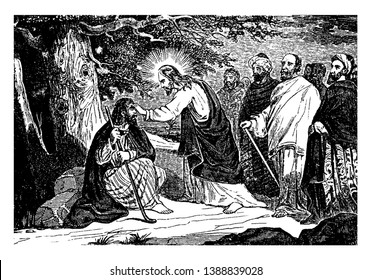 Jesus stands in front of the sick man. Two disciples standing back side of Jesus and two peoples staring the angel in water, vintage line drawing or engraving illustration.