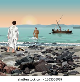 Jesus Stands On The Edge of the Sea of Galilee, Cooking Breakfast on a Fire; Simon Peter Wades to Meet Him, while Other Disciples Come In Fishing Boat.