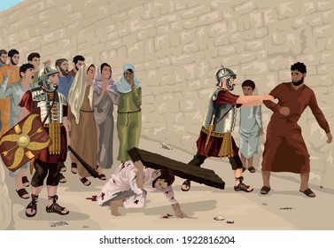 Jesus struggles to carry cross beam to Golgotha, so Roman soldier compels Simon, a Cyrenian, to bear it for Him - Easter Story
