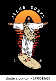 Jesus surfs. Jesus saves funny surfing christian god character standing on surfboard in front of the sunset.