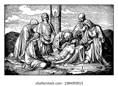 Jesus wird vom Kreuz abgenommen und wird von Maria, Joseph und Nicodemus, Vintage-Linie-Zeichnung oder Gravitation-Illustration begleitet.