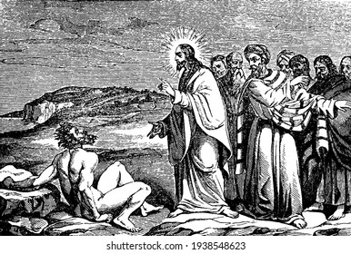 Jesus Talking with the Gerasene Demoniac vintage illustration. 