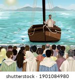 Jesus teaches from boat on the sea of Galilee, in front of large crowd 