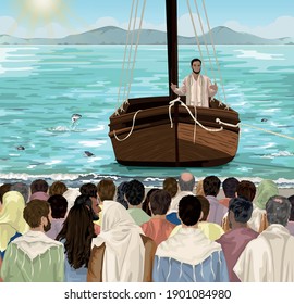 Jesus teaches from boat on the sea of Galilee, in front of large crowd 