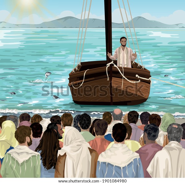 Jesus Teaches Boat On Sea Galilee Stock Vector Royalty Free 1901084980