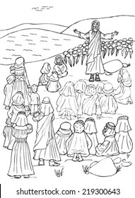 Jesus teaches at Genezareth Lake - black and white illustration