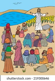 Jesus teaches at Genezareth Lake - color illustration