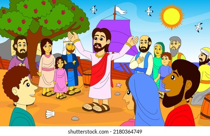 Jesus teaches many people by the lake of galilee, children's bible illustrations, christianity, printing, posters, websites and more