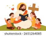 Jesus teaching children with Bible. Kids listening and smiling around Christ. Christian religious education and love concept. Faith-based vector illustration.