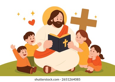 Jesus ensinando crianças com a Bíblia. Crianças ouvindo e sorrindo ao redor de Cristo. Educação religiosa cristã e conceito de amor. Ilustração vetorial baseada na fé.