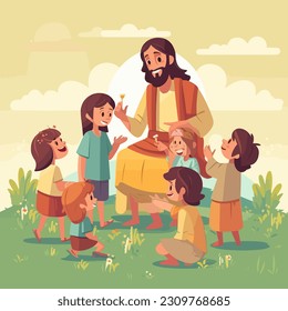 Jesus teaching little kids cartoon flat vec vector illustration