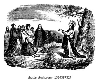 Jesus is teaching to people the Sermon on the Mount. Its look like some people are standing & other people are seating on the ground & listening very carefully, vintage line drawing or engraving