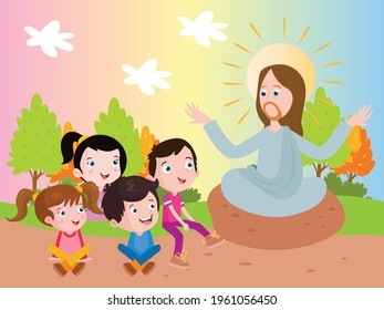 Jesus tells story to kids cartoon 2d vector concept for banner, website, illustration, landing page, flyer, etc.