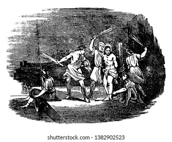 Jesus was tied to pillar with rope and some men scourged him before crucified, vintage line drawing or engraving illustration.