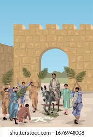 Jesus' Triumpheintritt in Jerusalem auf dem Donkey, mit der Vektorillustration von Palmblättern, die von Menschenmengen bewachsen sind