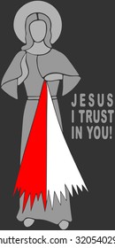 Jesus I trust in you. Image merciful heart of Jesus which shines two beams - red and white (blood and water). Picture of the Merciful Jesus. Christianity.