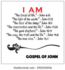 Jesus' I AM Vector Statements On White In Gospel Of John In The Bible's New Testament. I Am The Way, Truth, Life, Vine, Resurrection, Shepherd, Bread And Light Of The World.