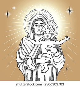Jesus with virgin mary color composition with monochrome outline images of shining saint mary and christ vector illustration