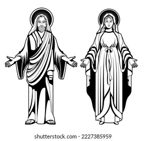 Jesus virgin mary drawing set of two isolated images with outline looks of saints for coloring vector illustration