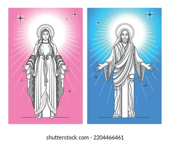 Jesus virgin mary set of two vertical posters with shining saints monochrome outline images with crosses vector illustration