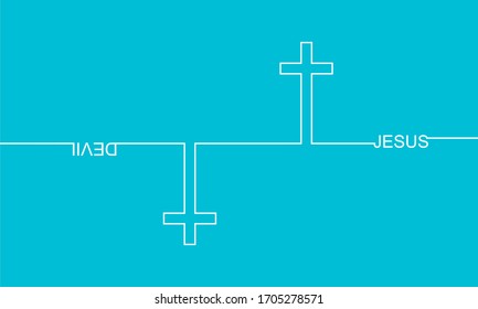 Jesus vs Devil. Confrontation of well and evil. Cross and text. Thin line style