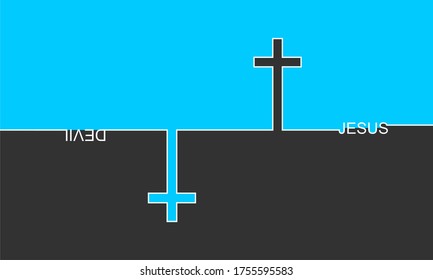 Jesus vs Devil. Confrontation of well and evil. Cross and text. Thin line style