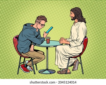 Jesús te está esperando, salvador y ocupado hombre en la mesa. Cristianismo y religión, predicación y fe