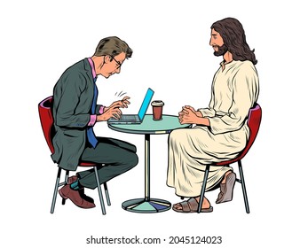 Jesus is waiting for you, savior and busy man at the table. Christianity and religion, preaching and faith