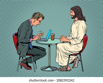 Jesus is waiting for you, savior and busy man at the table. Christianity and religion, preaching and faith