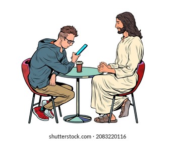 Jesus is waiting for you, savior and busy man at the table. Christianity and religion, preaching and faith