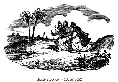 Jesus walking with two disciples. Two of the men hold walking sticks. There are two palm trees along the road, vintage line drawing or engraving illustration.